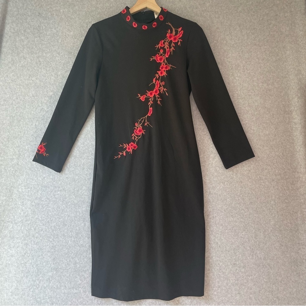 Black Midi Dress Red Floral Embroidery